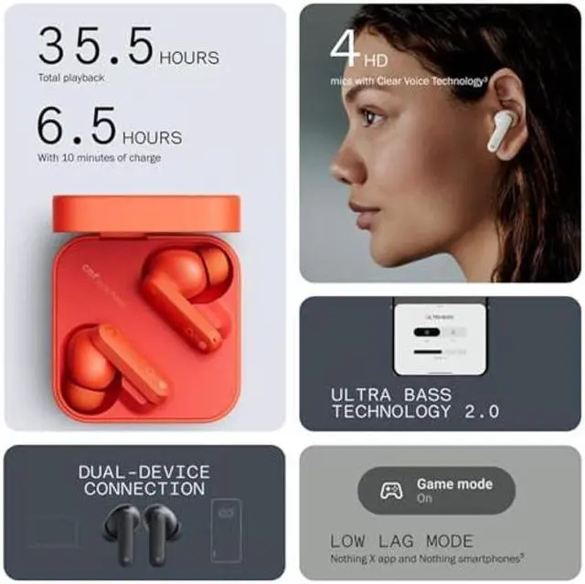 Alt view image 3 of 5 - CMF Buds Wireless bluetooth Earbuds, 42dB noise cancelling earbuds, Dirac HD Audio, 35.5H Playtime, BT5.3, IP54 Waterproof, 4HD Mics wireless headphones for iPhone & Android (Orange)