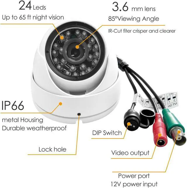 Alt view image 2 of 5 - Analog CCTV Camera HD 1080P 4-in-1 (TVI/AHD/CVI/960H Analog) Security Dome Camera Outdoor Metal Housing, 24 IR-LEDs True Day & Night Monitoring 3.6mm Lens (White)