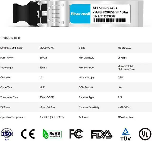 Alt view image 2 of 5 - 25G SFP28 SR for Mellanox MMA2P00-AS 25GBASE-SR SFP28 850nm 100m DOM LC MMF Optical Transceiver Module