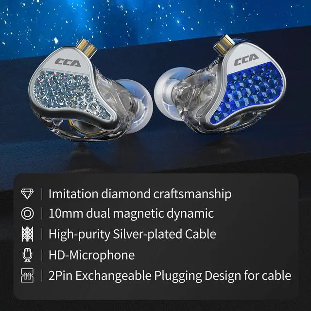 Alt view image 3 of 5 - FEDAI CCA Lyra HiFi in-Ear Headphones/Earphones/Earbuds, 10MM Dynamic Driver in Ear Monitor with Unique Diamond-Like Faceplate,Detachable Exchangeable 0.75mm 2pin Silver-Plated Cable(Sliver, With Mic)