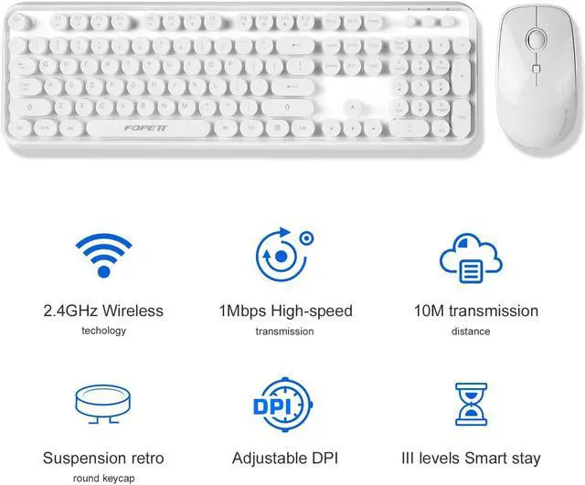 Alt view image 2 of 5 - FOPETT Wireless Keyboard and Mouse Combo, 104 Keys Full-Sized 2.4 GHz Round Keycap Colorful Keyboards, USB Receiver Plug and Play, for Windows, Mac, PC, Laptop, Desktop (White)