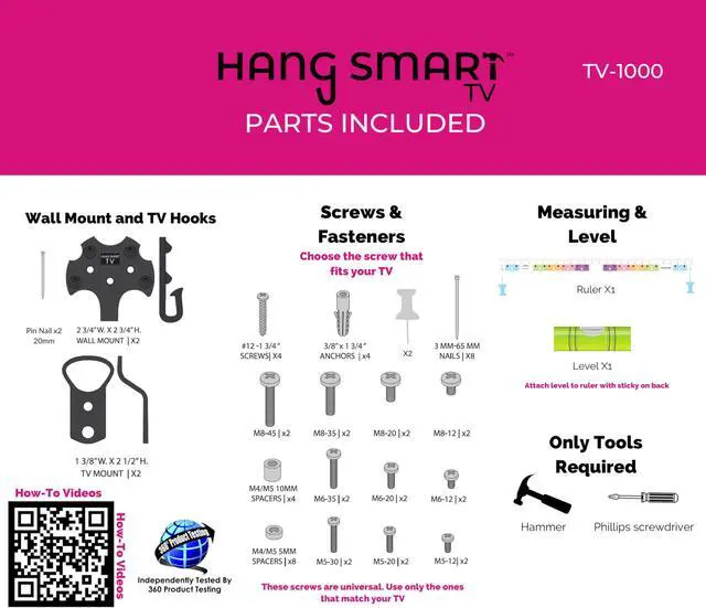 Alt view image 5 of 5 - HangSmart TV® Wall Mount NO Stud - Original & Patented Easy Install, DIY for 19-100" TVs, Holds Up to 150LBS, Fits Most LED LCD Flat Screens & Monitors, Includes Hardware