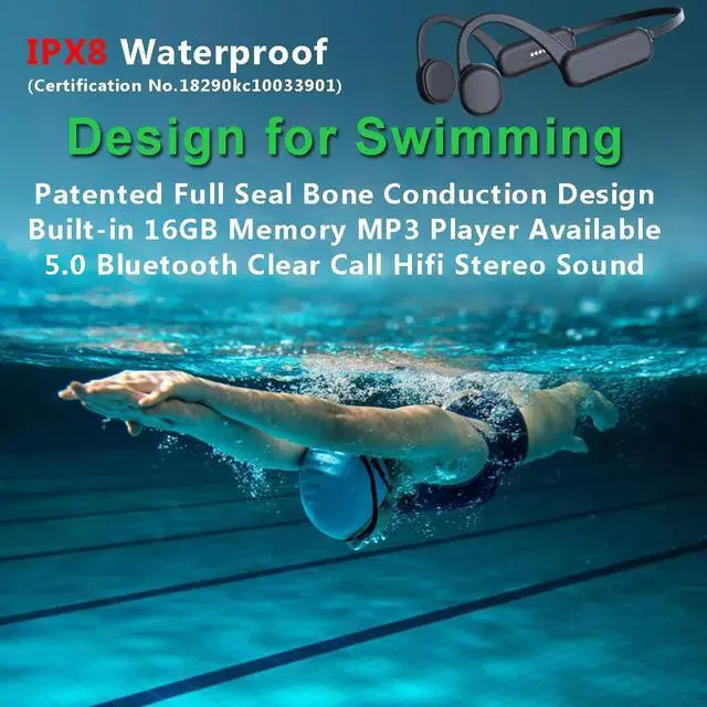 Alt view image 2 of 5 - IHAO Swimming Headphones True Bone Conduction Open Ear Headset MP3 Player Built-in 16G Memory IP68 Underwater Waterproof Stereo Bluetooth Earphone for Driving Bicycling Running Skiing-Black