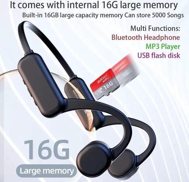 Alt view image 5 of 5 - IHAO Swimming Headphones True Bone Conduction Open Ear Headset MP3 Player Built-in 16G Memory IP68 Underwater Waterproof Stereo Bluetooth Earphone for Driving Bicycling Running Skiing-Black