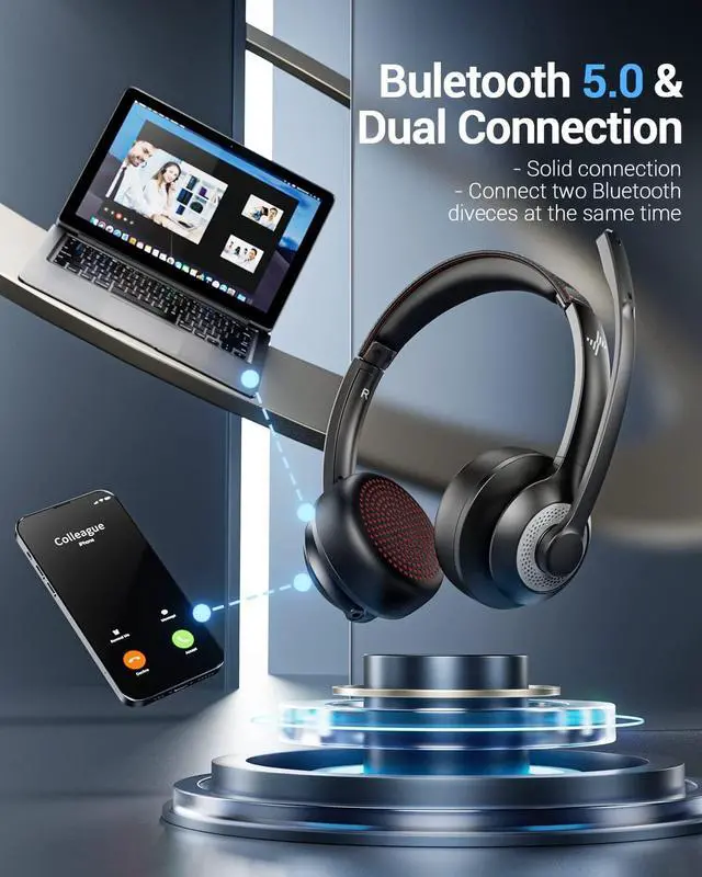 Alt view image 3 of 5 - JIAMQISHI Wireless Headset with AI Noise Cancelling Microphone Bluetooth Headset - Bluetooth V5.2 Headphones with USB Dongle & Mic Mute for Computer/Laptop/PC/iPhone/Android/Cell Phones