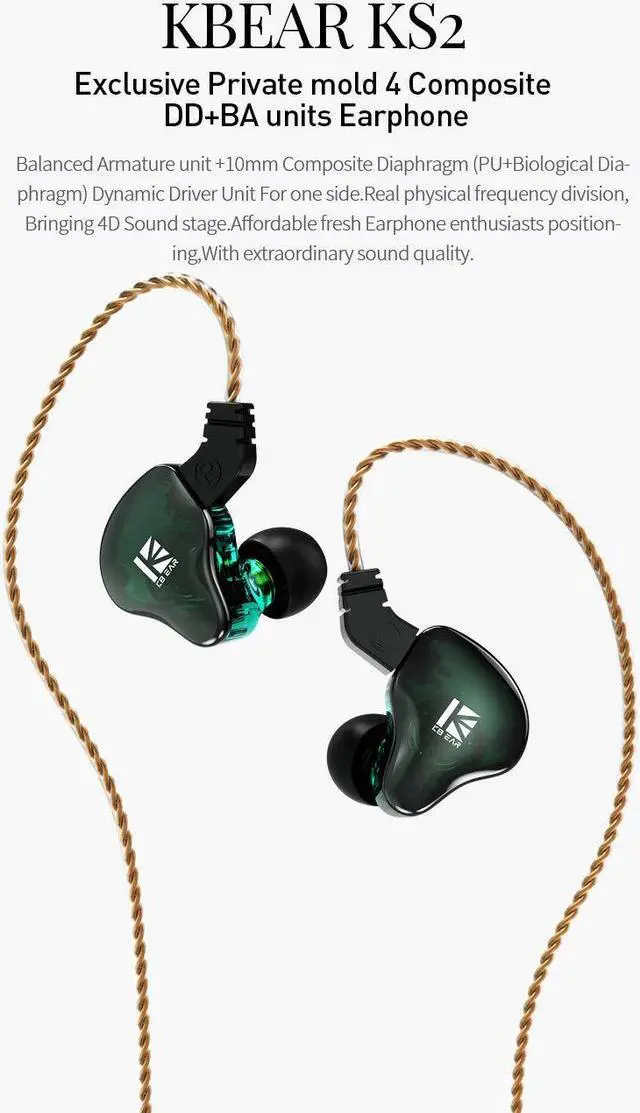 Alt view image 5 of 5 - keephifi KBEAR in Ear Earphones KBEAR KS2 Wired Headphones 10mm 1BA+1DD in Ear Monitors with Detachable Cable HiFi Bass Earbuds Noise-Isolating Headset for Audiophile Musician (no mic, Dark Green)