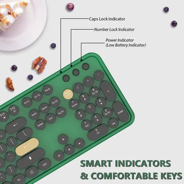 Alt view image 3 of 5 - Wireless Keyboard,KOOTOP Cute Colorful 104 Keys Typewriter Retro Round Keycaps Keyboard for PC Laptop,Desktop,Windows, Home and Office Keyboards (Black Green)