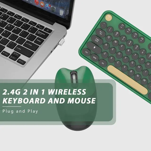 Alt view image 5 of 5 - Wireless Keyboard,KOOTOP Cute Colorful 104 Keys Typewriter Retro Round Keycaps Keyboard for PC Laptop,Desktop,Windows, Home and Office Keyboards (Black Green)