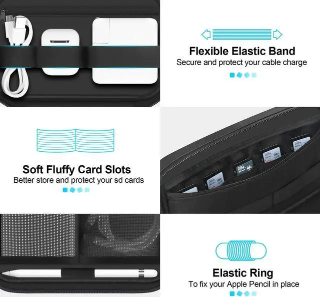 Alt view image 4 of 5 - Lacdo Electronic Organizer Accessory Pouch for MacBook Charger, Cables, Power Bank, Hard Drive, Travel Cords, SD Card, Water-resistant Storage Bag with Card Slots for Memory Card, Black