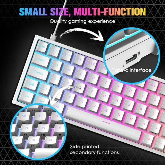 Alt view image 5 of 5 - LexonElec 60% Mechanical Gaming Keyboard, RGB Chroma Backlit Ultra Compact Mini Mechanical Keyboard, Red Switches 68-Key Full Key Anti-Ghosting, for PC, MAC, PS4 Gamers and Office Typists (White)