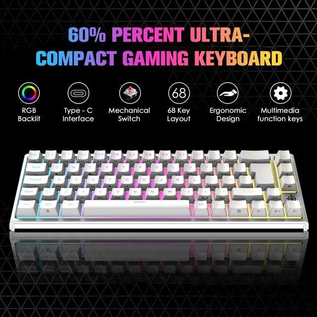 Alt view image 2 of 5 - LexonElec 60% Mechanical Gaming Keyboard, RGB Chroma Backlit Ultra Compact Mini Mechanical Keyboard, Red Switches 68-Key Full Key Anti-Ghosting, for PC, MAC, PS4 Gamers and Office Typists (White)