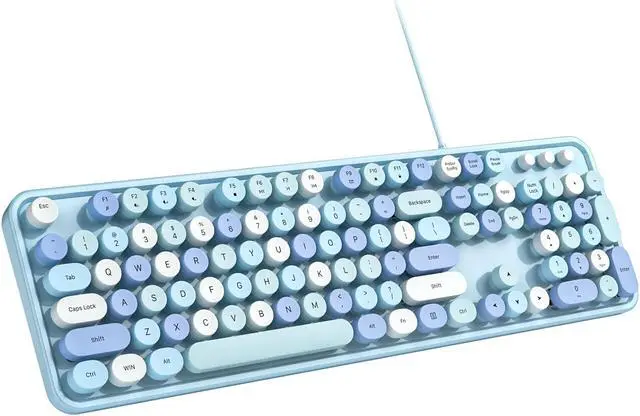 Main image of MOWUX Computer Keyboard Wired, Plug Play USB Retro Round Typewriter Keyboard, Full Size Wired Keyboard with Foldable Stands for Laptop and Office PC - Blue Colorful