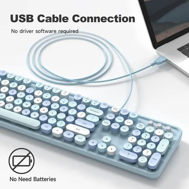 Alt view image 2 of 5 - MOWUX Computer Keyboard Wired, Plug Play USB Retro Round Typewriter Keyboard, Full Size Wired Keyboard with Foldable Stands for Laptop and Office PC - Blue Colorful