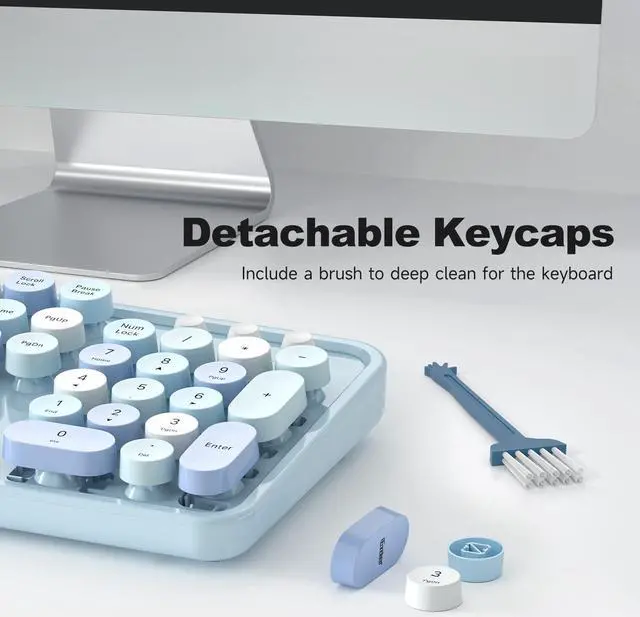 Alt view image 4 of 5 - MOWUX Computer Keyboard Wired, Plug Play USB Retro Round Typewriter Keyboard, Full Size Wired Keyboard with Foldable Stands for Laptop and Office PC - Blue Colorful