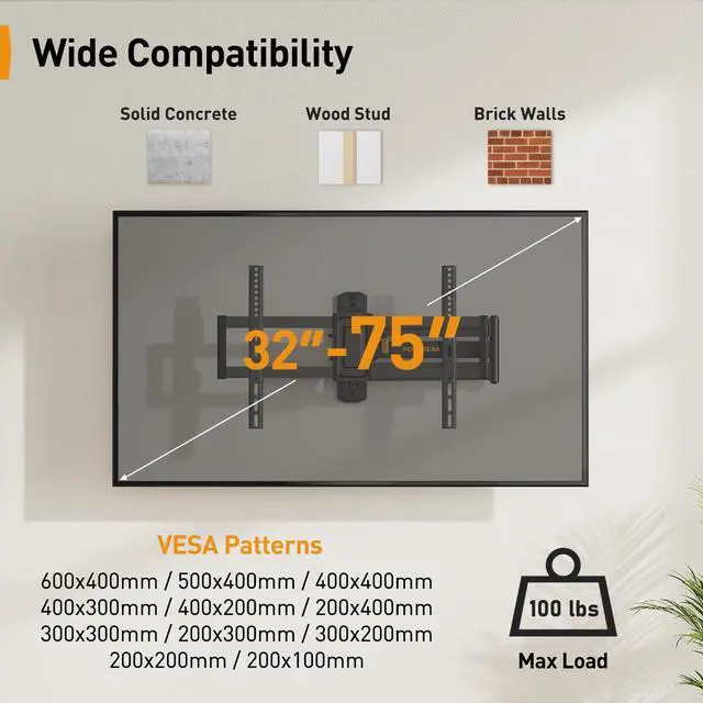 Alt view image 2 of 5 - Perlegear Corner TV Wall Mount Long Arm TV Mount Bracket for 32-75 Inch TVs-Full Motion TV Wall Mount with 32.37 Extension & Swivel Articulating Arm & Tilt, MAX VESA 600x400mm, Holds up to 100 lbs