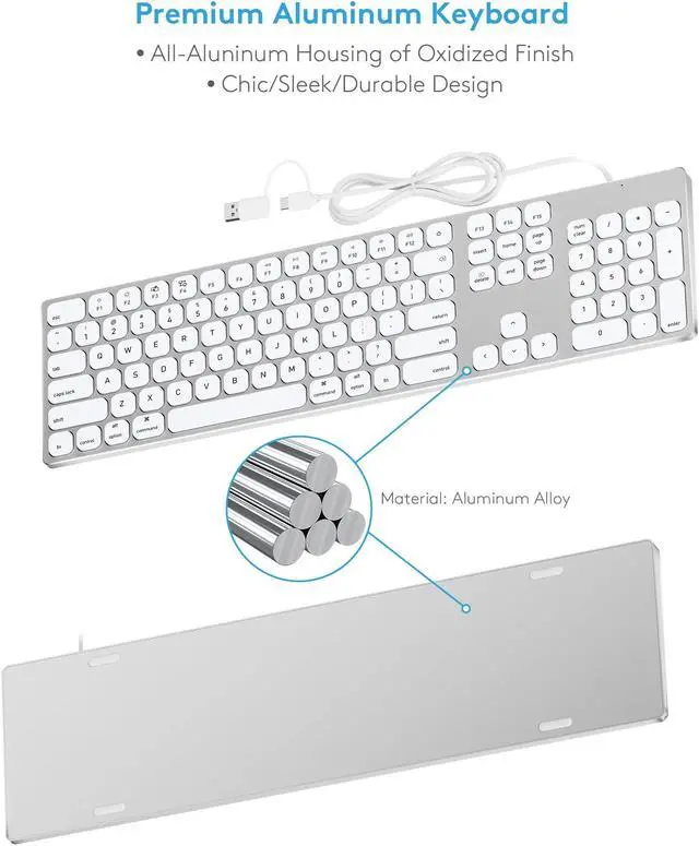 Alt view image 4 of 5 - Aluminum USB Wired Keyboard with Numeric Keypad for Apple Mac Pro, Mini Mac, iMac, iMac Pro, MacBook Pro/Air