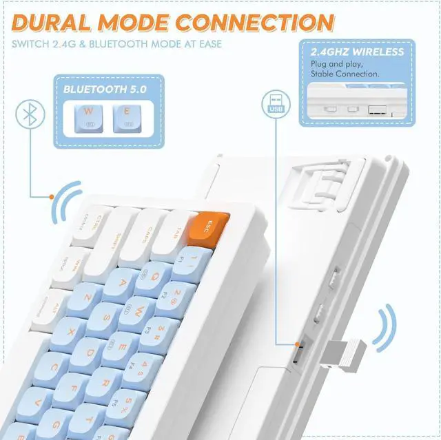 Alt view image 2 of 5 - A.JAZZ AKL680 65% Low Profile Wireless Mechanical Keyboard, BT/2.4Ghz Dual Mode 68 Keys Gaming Keyboard with Ultra-Thin Brown Switches for PC/Laptop/Windows/Mac(White/Blue)