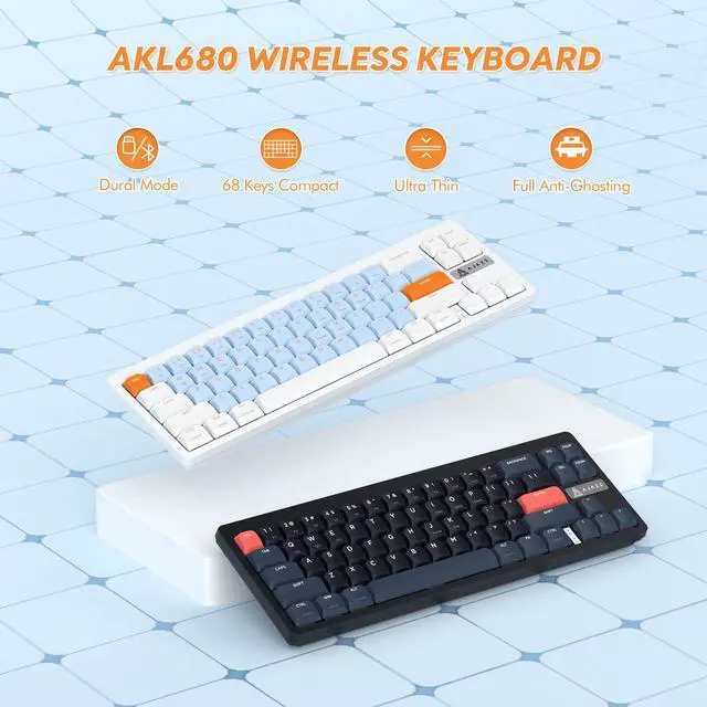 Alt view image 3 of 5 - A.JAZZ AKL680 65% Low Profile Wireless Mechanical Keyboard, BT/2.4Ghz Dual Mode 68 Keys Gaming Keyboard with Ultra-Thin Brown Switches for PC/Laptop/Windows/Mac(White/Blue)