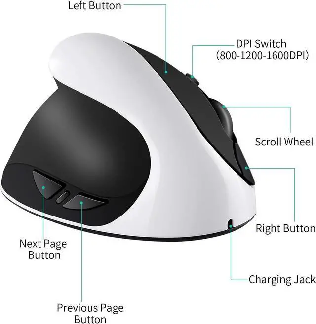 Alt view image 5 of 5 - AURTEC Left-Handed Mouse, Rechargeable 2.4G Wireless Ergonomic Vertical Mice with USB Receiver, 6 Buttons and 3 Adjustable DPI 800/1200/1600 for Left Hand, White