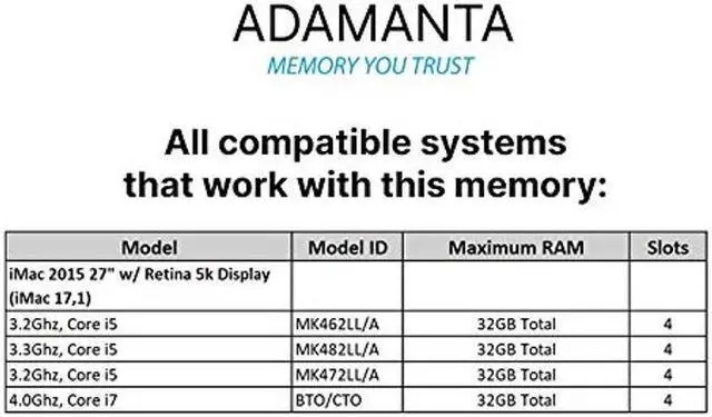 Alt view image 2 of 3 - Adamanta 16GB (2x8GB) Apple Memory Upgrade Compatible with Late 2015 iMac 27" Retina 5K Display DDR3/DDR3L 1867Mhz PC3L-14900 SODIMM 2Rx8 CL13 1.35v RAM DRAM