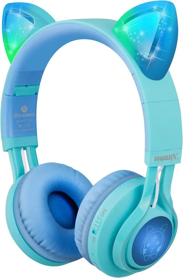 Main image of Riwbox Kids Headphones, CT-7S Cat Ear Bluetooth Headphones with LED Light, 85dB Volume Limiting, Over Ear with Microphone for Laptop/PC/TV (Blue & Green)