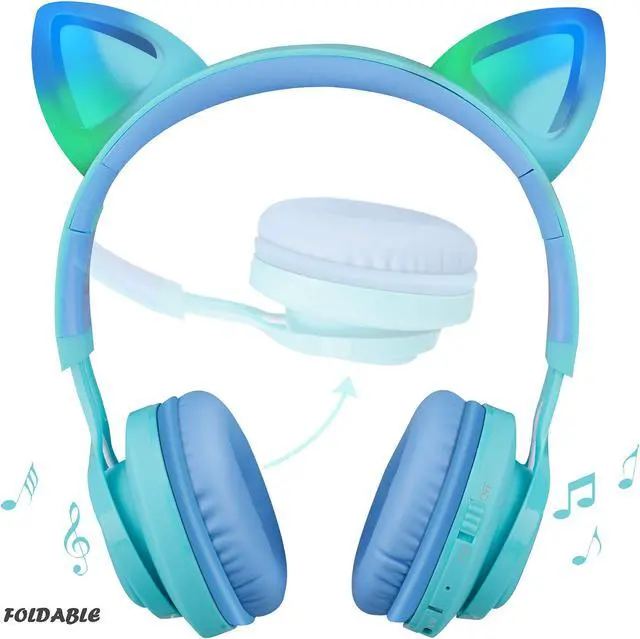Alt view image 2 of 5 - Riwbox Kids Headphones, CT-7S Cat Ear Bluetooth Headphones with LED Light, 85dB Volume Limiting, Over Ear with Microphone for Laptop/PC/TV (Blue & Green)