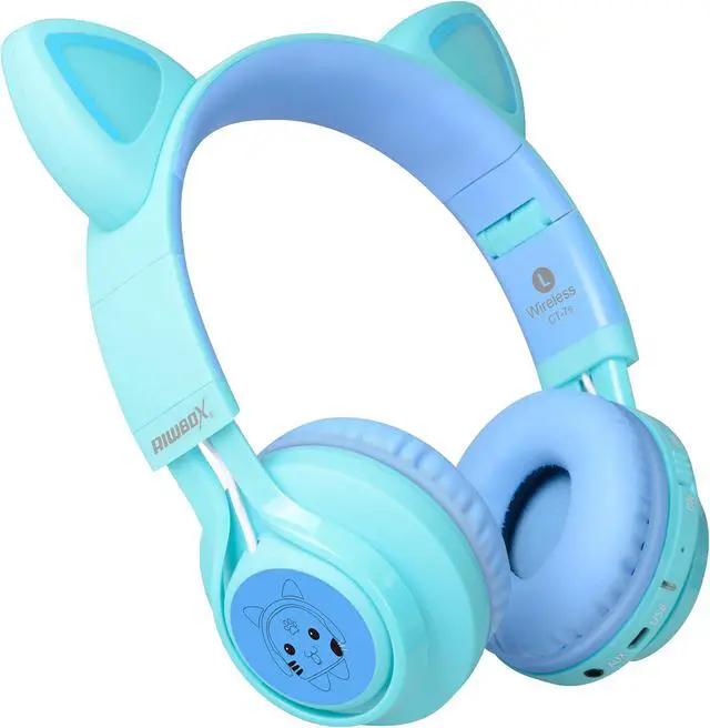 Alt view image 4 of 5 - Riwbox Kids Headphones, CT-7S Cat Ear Bluetooth Headphones with LED Light, 85dB Volume Limiting, Over Ear with Microphone for Laptop/PC/TV (Blue & Green)
