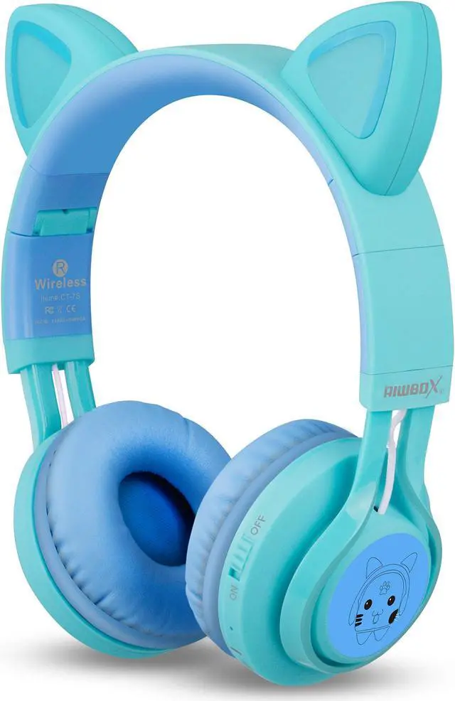 Alt view image 3 of 5 - Riwbox Kids Headphones, CT-7S Cat Ear Bluetooth Headphones with LED Light, 85dB Volume Limiting, Over Ear with Microphone for Laptop/PC/TV (Blue & Green)