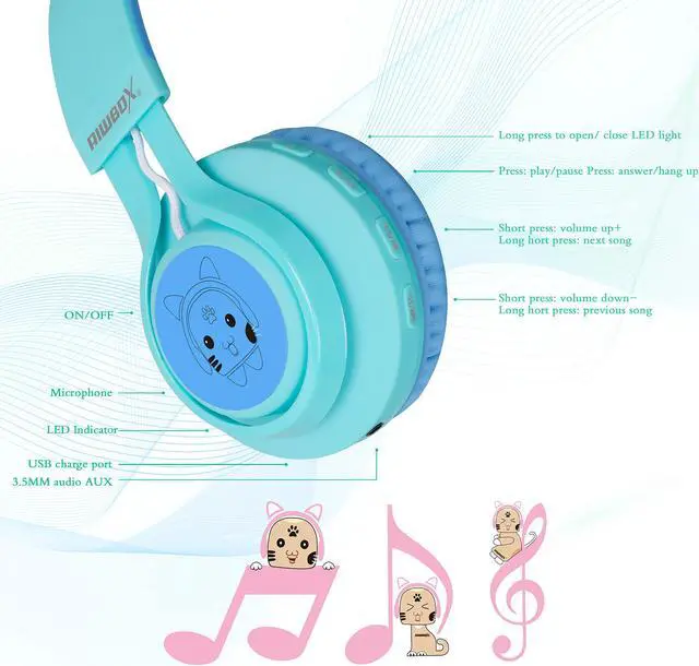Alt view image 5 of 5 - Riwbox Kids Headphones, CT-7S Cat Ear Bluetooth Headphones with LED Light, 85dB Volume Limiting, Over Ear with Microphone for Laptop/PC/TV (Blue & Green)