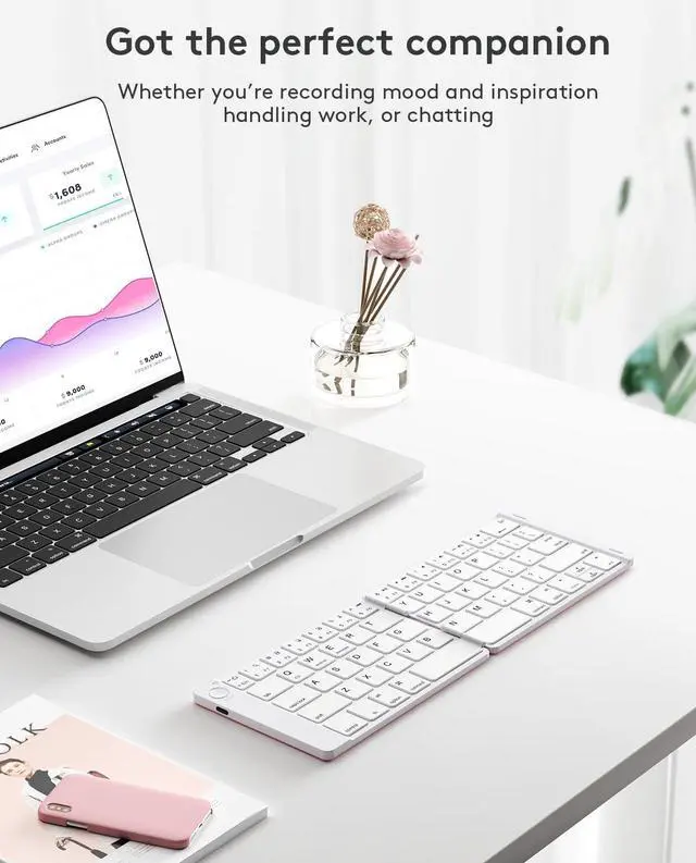 Alt view image 2 of 5 - Samsers Foldable Bluetooth Keyboard - Portable Wireless Keyboard with Stand Holder, Rechargeable Full Size Ultra Slim Folding Keyboard for IOS Android Windows Smartphone Tablet and Laptop, White-Pink