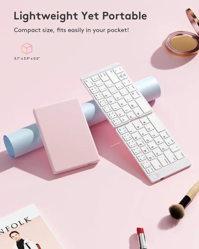Alt view image 3 of 5 - Samsers Foldable Bluetooth Keyboard - Portable Wireless Keyboard with Stand Holder, Rechargeable Full Size Ultra Slim Folding Keyboard for IOS Android Windows Smartphone Tablet and Laptop, White-Pink