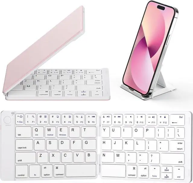 Main image of Samsers Foldable Bluetooth Keyboard - Portable Wireless Keyboard with Stand Holder, Rechargeable Full Size Ultra Slim Folding Keyboard for IOS Android Windows Smartphone Tablet and Laptop, White-Pink