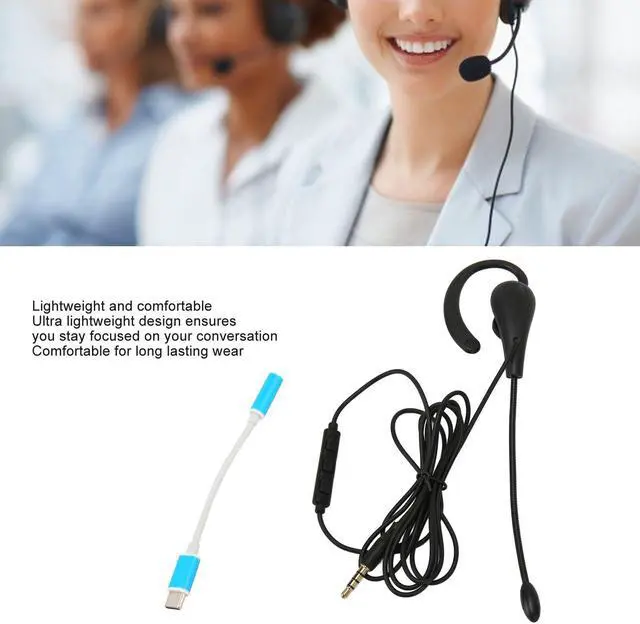 Alt view image 2 of 5 - Headset with Mic Noise Cancelling, Single Ear Hook Type Headset for Call Center, Wire Headphone Computer Ear Hook Earpiece Support Volume Adjustment (Type-C)