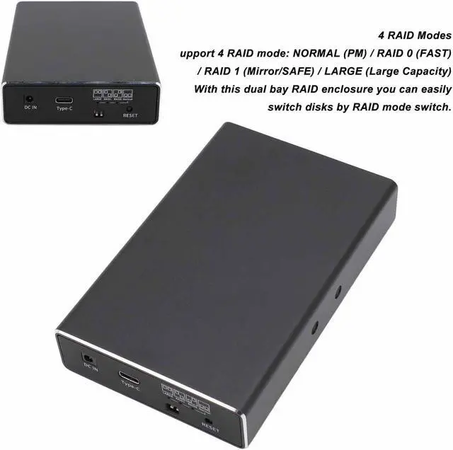 Alt view image 4 of 5 - Serounder 2 Bay 2.5 inch SATA RAID Enclosure, USB3.1 Type C to 2.5 SATA I II III HDD SSD RAID External Enclosure, Support RAID 0/1, Large and Normal Mode, 10Gbps,12TB Capacity