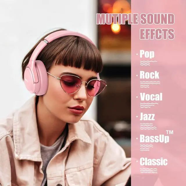 Alt view image 2 of 5 - Bluetooth Wireless Headphones Over Ear,BERIBES 65H Playtime and 6 EQ Music Modes with Microphone, HiFi Stereo Foldable Lightweight Headset, Deep Bass for Home Office Cellphone PC Etc.(Pink)