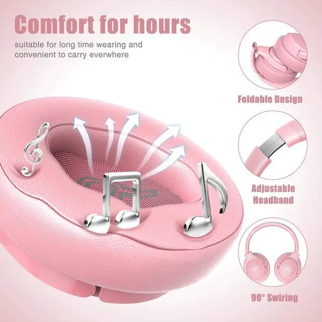 Alt view image 4 of 5 - Bluetooth Wireless Headphones Over Ear,BERIBES 65H Playtime and 6 EQ Music Modes with Microphone, HiFi Stereo Foldable Lightweight Headset, Deep Bass for Home Office Cellphone PC Etc.(Pink)