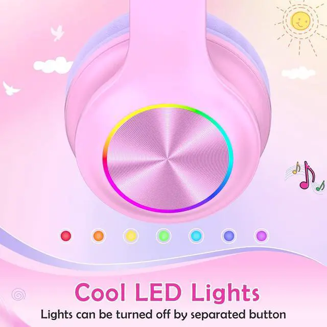 Alt view image 2 of 5 - 2024 Bluetooth Kids Headphones Fit for Aged 3-21, Colorful LED Lights Comfort Wireless Headphones with Microphone 94dB Volume Limited for School/iPad/PC/TV/Cellphones, Wired & TF Card Mode, Pink