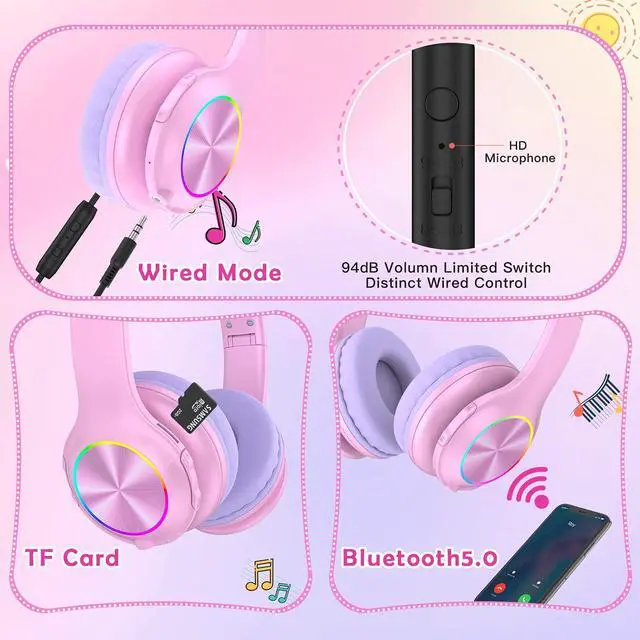 Alt view image 5 of 5 - 2024 Bluetooth Kids Headphones Fit for Aged 3-21, Colorful LED Lights Comfort Wireless Headphones with Microphone 94dB Volume Limited for School/iPad/PC/TV/Cellphones, Wired & TF Card Mode, Pink