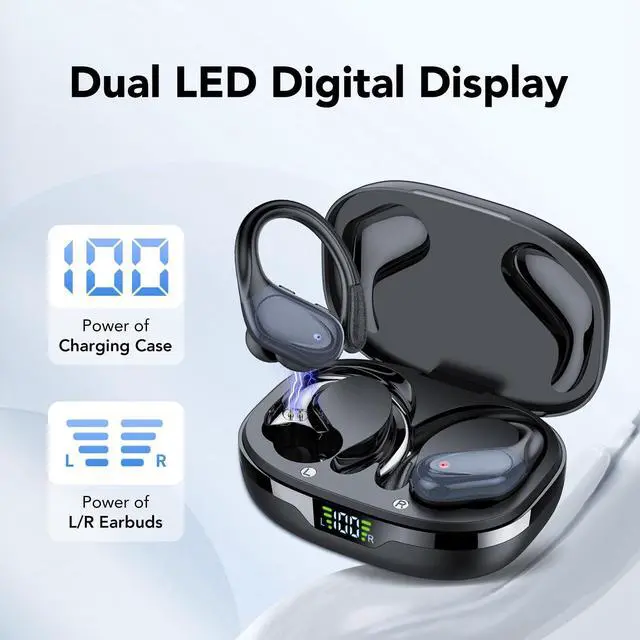 Alt view image 2 of 5 - Ear buds Wireless Earbuds Bluetooth 5.3 Headphones 60hrs Playtime with Digital Display Sports Wireless Headphones with Earhook Deep Bass IPX7 Waterproof Over-Ear Earbuds for Android iOS Workout Black