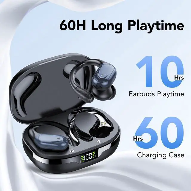 Alt view image 3 of 5 - Ear buds Wireless Earbuds Bluetooth 5.3 Headphones 60hrs Playtime with Digital Display Sports Wireless Headphones with Earhook Deep Bass IPX7 Waterproof Over-Ear Earbuds for Android iOS Workout Black