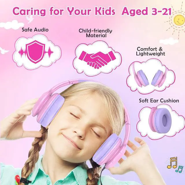 Alt view image 4 of 5 - 2024 Bluetooth Kids Headphones Fit for Aged 3-21, Colorful LED Lights Comfort Wireless Headphones with Microphone 94dB Volume Limited for School/iPad/PC/TV/Cellphones, Wired & TF Card Mode, Pink
