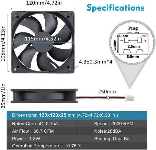 Alt view image 2 of 5 - Wathai 120mm x 25mm DC 12V Waterproof Fan Dual Ball High Preformance for Electronic Equipment Cabinet or DIY Cooling Ventilation Exhaust Projects IP67 2 Pack