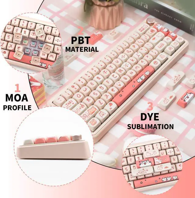Alt view image 3 of 5 - COOMICKEY PBT Keycaps, 139 Keys Keycaps 75 Percent, Cute MOA Profile Key Cap Dye-Sublimation, Custom Keycap Set for 61/64/68/84/87/100/104/108 Cherry MX Mechanical Keyboard Pink Cat