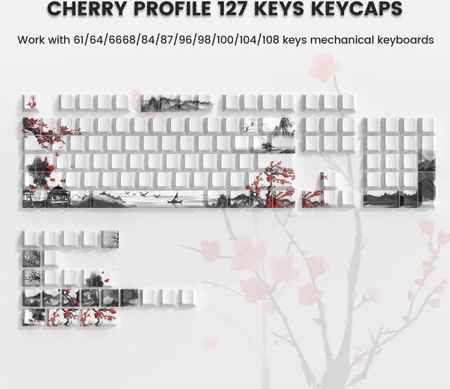 Alt view image 2 of 5 - Womier PBT Keycaps, Custom White Japanese Keyboard Keycaps 60 65 75 100 Percent, Shine Through Cherry Profile Keycaps, Doubleshot Side Print Dye Sub Keycaps Set 127 Keys, Cherry Blossom (White3)