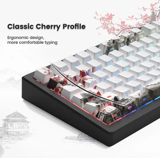 Alt view image 4 of 5 - Womier PBT Keycaps, Custom White Japanese Keyboard Keycaps 60 65 75 100 Percent, Shine Through Cherry Profile Keycaps, Doubleshot Side Print Dye Sub Keycaps Set 127 Keys, Cherry Blossom (White3)