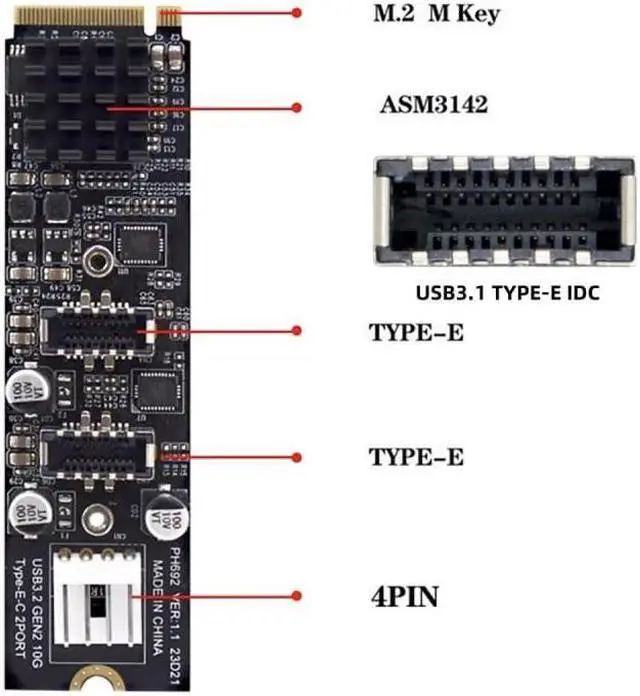 Alt view image 2 of 5 - CY Card 10Gbps Dual Type-E USB 3.1 Front Panel Socket to NVME NGFF M-Key Express Card Adapter for Motherboard