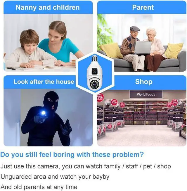 Alt view image 5 of 5 - Yoidesu Light Bulb Camera,Smart Camera for Home Security, Dual Lens 360 Panoramic Monitoring, Auto Tracking Night Vision APP Control 2 Way Talk Ceiling Surveillance Camera