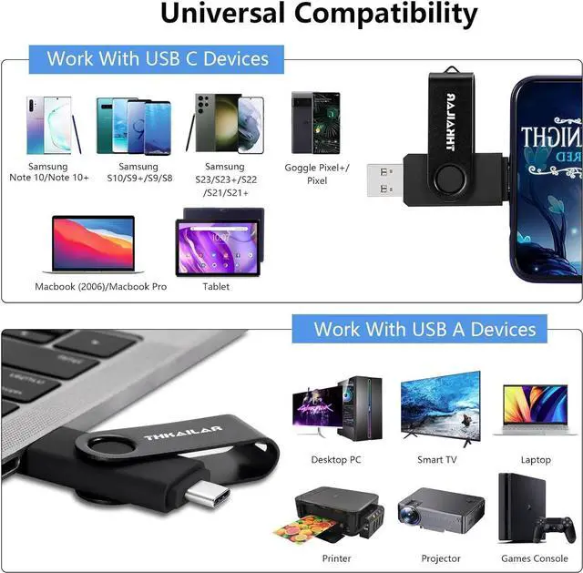Alt view image 3 of 5 - Thkailar 256GB USB 3.1 Flash Drive-2 in 1 USB C Flash Drive Compatible with Android Phone PC Galaxy Mac Pro Laptops PC High Speed Data Transfer(Black)