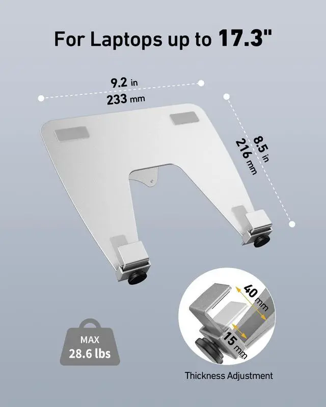 Alt view image 4 of 5 - ergounion VESA Laptop Tray for Monitor Arm - 100x100mm VESA Mount Laptop Tray - Arm Mount Tray for Laptop, Notebook, and Tablet Screens up to 17.3" - Notebook Tray Office Desk Accessories - Silver