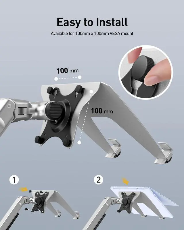 Alt view image 5 of 5 - ergounion VESA Laptop Tray for Monitor Arm - 100x100mm VESA Mount Laptop Tray - Arm Mount Tray for Laptop, Notebook, and Tablet Screens up to 17.3" - Notebook Tray Office Desk Accessories - Silver